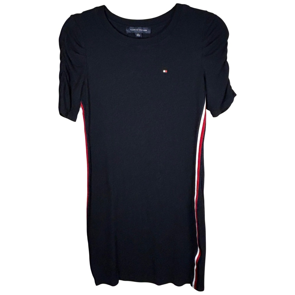 Tommy Hilfiger Women Navy Ribbed Ruched Sleeve Side Stripe TShirt Dress XS
